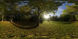 360-degree HDR panorama of sunlit park with autumn leaves for realistic scene lighting by Greg Zaal.