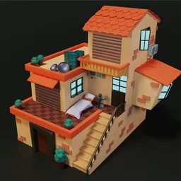 "3D model of a small house with staircase and bed, ideal for motion graphics in Blender 3D. This trendsetting artwork, inspired by renowned artists such as Mario Comensoli and Xiao Yuncong, features a tabletop miniature design with cubic blocks and a terracotta balcony scene. Experience the immersive world of 3D image creation with this exceptional home model by Dave Arredondo."