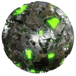Procedural alien tech metal with glowing green elements for Blender 3D, requires subdivision and displacement.