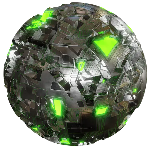 Procedural alien tech metal with glowing green elements for Blender 3D, requires subdivision and displacement.