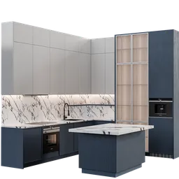 Detailed 3D kitchen model with modern appliances and marble countertop designed in Blender, available in .blend format.