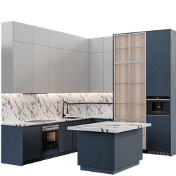 Detailed 3D kitchen model with modern appliances and marble countertop designed in Blender, available in .blend format.