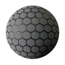 Black hexagonal double-layered perforated mesh PBR material for 3D rendering in Blender and other apps.