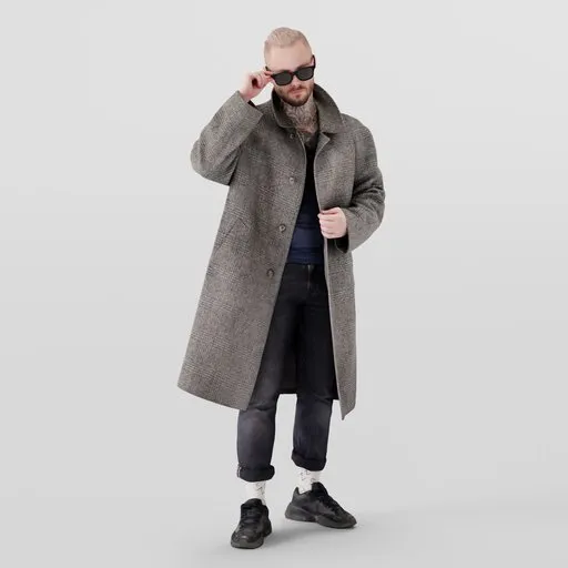 Stylish male 3D character in trench coat adjusting glasses with tattooed neck for Blender modeling.