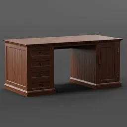 "High-resolution 3D model of a brown wood office table with drawers, suitable for Blender 3D software. This professional-quality desk, inspired by Guan Daosheng, features a sleek and slender body design, equipped with a drawer and CRT screen. Perfect for creating realistic office scenes in your Blender projects."