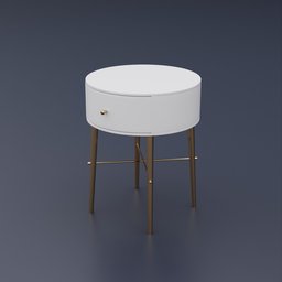 "A professional 3D-rendered nonbinary bedside table with a white drawer, detailed body shape, and a gold gilded circle halo. Designed in Blender 3D by 3Dexcite, this tall and thin model features a round-cropped top lid and sleek, simple design perfect for any bedroom. Find this elegant piece in the hall category on BlenderKit."