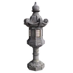 Detailed 3D model of an aged Japanese stone lantern with sakura motifs for Blender rendering.