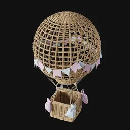 Detailed 3D render of a wicker hot air balloon model with intricate patterns and pastel bunting, suitable for Blender.