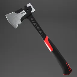 "Lowpoly fire axe with red handle, inspired by American Psycho and Arnold Brügger, in a sharp Mirrors Edge art style rendering. One piece construction with knurled handle, designed for use in fire departments. Official product image for use in Blender 3D software."