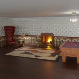 Detailed 3D model of an Art Deco style room with a fireplace, armchair, rug, and table, created in Blender.