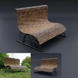 Detailed 3D render of a weathered wooden bench with intricate metal supports suitable for Blender.