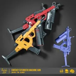 "Low poly and game ready fantasy futuristic machine gun with 8k PBR texture and two color variants, rendered on a black background with golden machine parts. Perfect for use in Blender 3D architecture projects. Featured on 99designs and suitable for in-game use."
