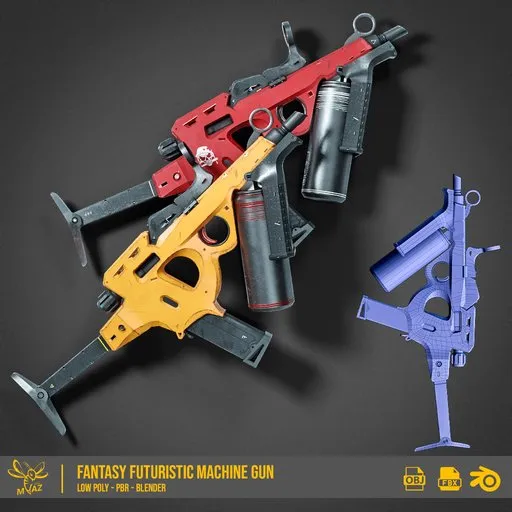 Low-poly fantasy-inspired Blender 3D model of a machine gun with high-resolution PBR textures, suitable for game development.