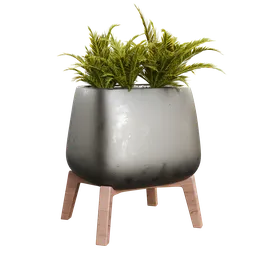 Highly detailed Blender 3D model of a potted indoor plant with a modern concrete pot and wooden stand, using cycles render.