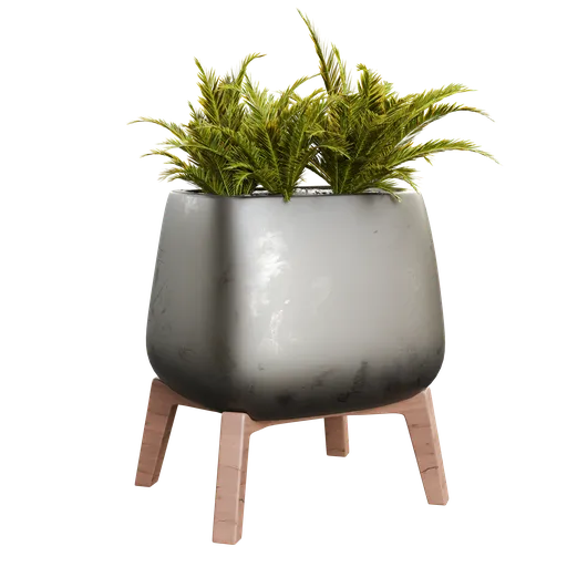 Highly detailed Blender 3D model of a potted indoor plant with a modern concrete pot and wooden stand, using cycles render.