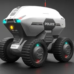 "Police Robotic Vehicle 3D model with 4K textures, created using Blender 3D. This AI-generated image features a male android with turrets and a red light, suitable for mining or game render. Perfect for futuristic and sci-fi designs."