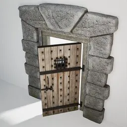 Low-poly 3D Blender model of a textured medieval door with hinges and stone arch for castle architecture visualization.
