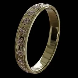 Golden 3D fantasy ring with intricate floral patterns, crafted in Blender.