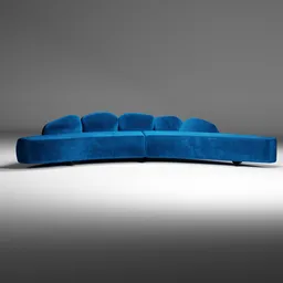 Blue velvet curved 3D model sofa with plush cushions, ideal for architectural renderings in Blender.