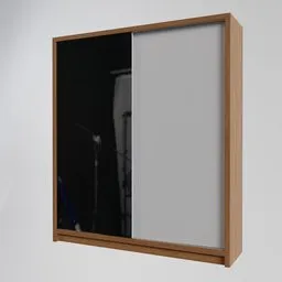 "A minimalistic wooden wardrobe with large vertical spaces and a mirror featuring a man's picture, inspired by Murray Tinkelman. Designed in 2019, this closet is ideal for your studio product shots in Blender 3D."
