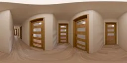 3D-rendered empty hallway with wood doors, diverse designs, beige walls, and natural lighting for scene illumination.