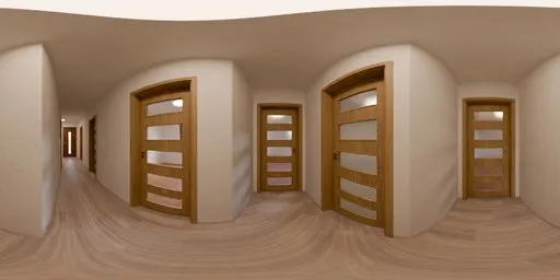 3D-rendered empty hallway with wood doors, diverse designs, beige walls, and natural lighting for scene illumination.