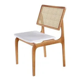 "Wooden home decor chair with white seat, designed in Blender 3D. This regular chair features bamboo wood and a sleek, modern design inspired by Karl Gerstner. Perfect for adding a touch of elegance to any room."