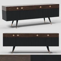 "Neomi Sideboard 3D model for Blender 3D - a sleek mid-century modern furniture piece with wooden cabinets and a top drawer, featuring tooth wu : : quixel megascans textures and carbon black and antique gold accents. Perfect for hallways. Created in Blender 3D software."