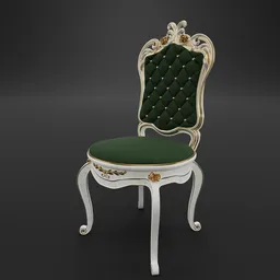 "Baroque Style Chair in Blender 3D - Elegant white design with gold trim and a green seat, perfect for any interior project. Customizable options for sit and lean colors available."