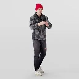 Detailed 3D model of a young man with a red beanie and camera phone, styled in modern urban fashion for Blender.