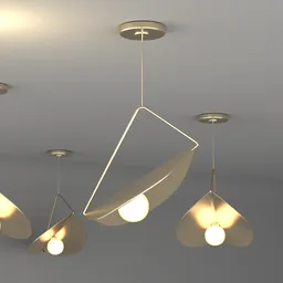 "Ceiling Light Leaf Shape: a golden pendant light fixture inspired by artists Toss Woollaston and Konstantin Westchilov. This intricate 3D render, created with Autodesk Inventor, features three hanging lights that metamorphose the ambiance of any space. Add a touch of elegance and modern style to your designs with this trending Blender 3D model."