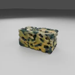 Detailed 3D realistic moldy cheese with particle hair effect, created in Blender, displaying procedural textures.