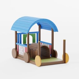 Detailed 3D Blender model of colorful wooden children's park train with blue canopy.