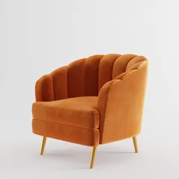 Orange velvet upholstered 3D armchair model with classic curves for Blender rendering.