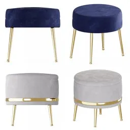 "Polina 2set Pouf W-CONT - Sleek Blue Velvet Stools with Gold Legs & Visible Stitching, Perfect for Luxurious Interior Design Renders in Blender 3D."