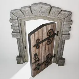 Low-poly Blender 3D Model, PBR textured medieval wooden door with stone arch, suitable for castle and church scenes.