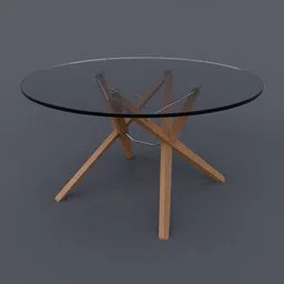 Modern glass-top 3D table model with intricate wooden base, rendered in Blender.