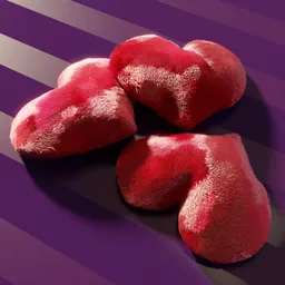 "Three red heart-shaped pillows on a striped surface, made with furry textures and inspired by romance. Perfect for adding a cozy touch to any 3D scene. Created in Blender 3D software."