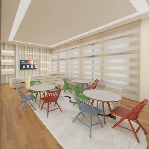 Rendered 3D toy library interior with colorful chairs, bookshelves, and a cozy rug for creative projects.