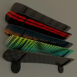 "Snowboard and Ski Rack Display - Wall-mounted storage solution for multiple boards. Features carbon fiber and rich woodgrain design. Modeled in Blender 3D for high-quality 3D printing."