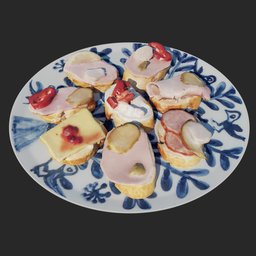"Plate with small sandwiches: A delectable assortment of ham, cheese, and fruit arranged on a plate. This visually captivating 3D model, inspired by Chaïm Soutine and featuring raytracing in the style of Thomas Ruff, adds a touch of artistic flair to your Blender 3D creations. Perfect for enhancing kitchen or kid's room renders."