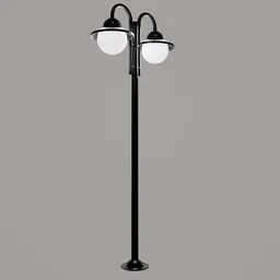 "Blender 3D model of a vintage lamp post with two lights and adjustable color temperature. Realistic body structure and complementary rim lights, designed for outdoor gardens. 3D hard surface design using Solidworks."