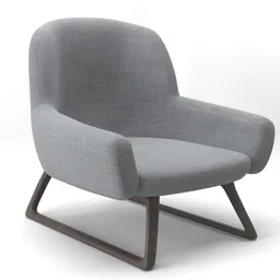 "Grey fabric lounge arm chair with wooden feet, ideal for Blender 3D modeling. This 3D model features sleek, flowing shapes in the neodada style and showcases a close-up view with an ultra HD render. Perfect for catalogues, product renderings, and unbiased renders."