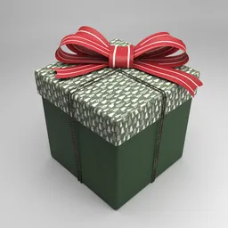 "Christmas gift box with green wrapping and red ribbon for Blender 3D. High-resolution texture and smooth shading techniques used in this 3D model. Perfect for holiday season renders."