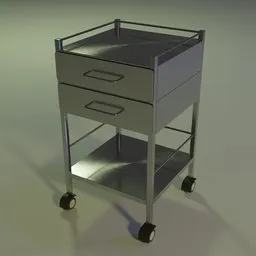High-quality Blender 3D model of a medical bedside cabinet with drawers and wheels.