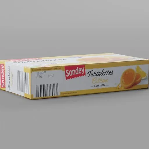 Realistic 3D model of a lemon tartlets product box for Blender rendering.