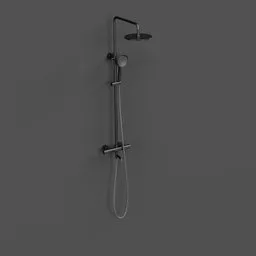 "Black shower system with thermostat mounted on a wall, optimized for Blender 3D. This 3D model features a close-up of a shower head with a shower hose, showcasing a tall and thin frame design. Perfect for architectural visualization and interior design projects."