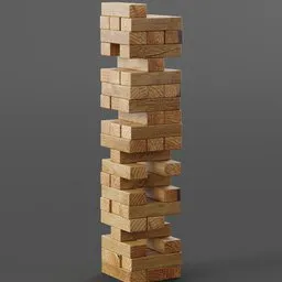 Realistic Jenga tower 3D model with detailed textures, ready for Blender rendering and game design.