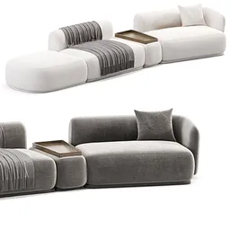 Elegant modern 3D-rendered sofa with plush cushions and integrated table, compatible with Blender.