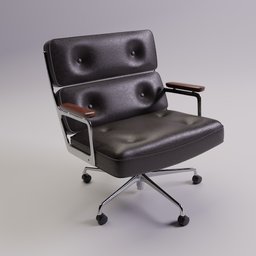 "Black leather office chair with wooden armrest in Bauhaus style, rendered in photorealistic detail using Blender 3D software. The highly detailed, rounded form and professional finish make this chair a perfect addition to any workspace. Get this 3D model for your Blender projects today."